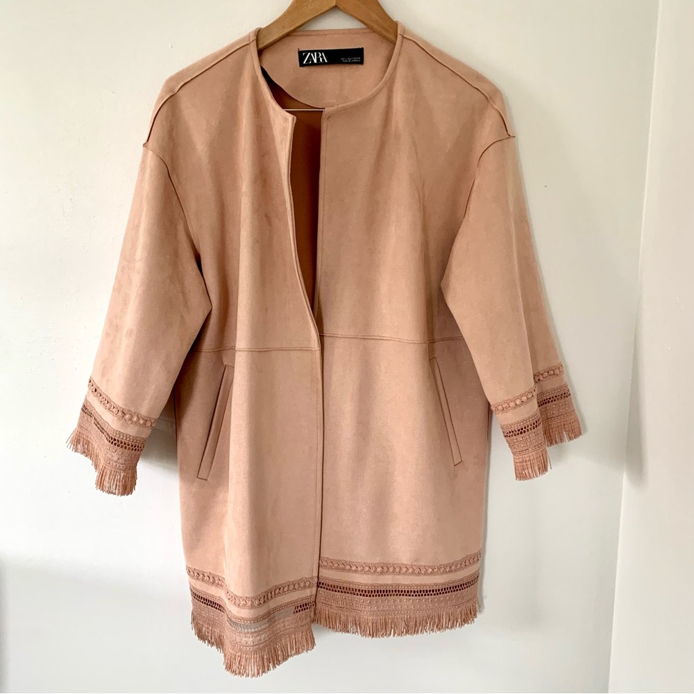 Zara Pink Faux Suede Jacket with Fringe Trim